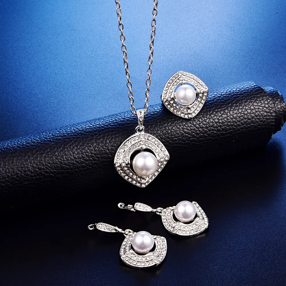 TSHOU187 Свадебный квадратный жемчужный комплект ожерелье серьги кольцо из трех