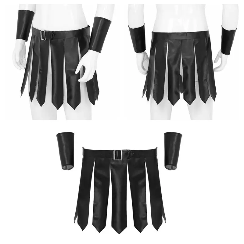 

Black Men Adults PU Leather Roman Gladiator Costume Suits High Waist Gladiator Skirts with Adjustable Belt and Wristbands