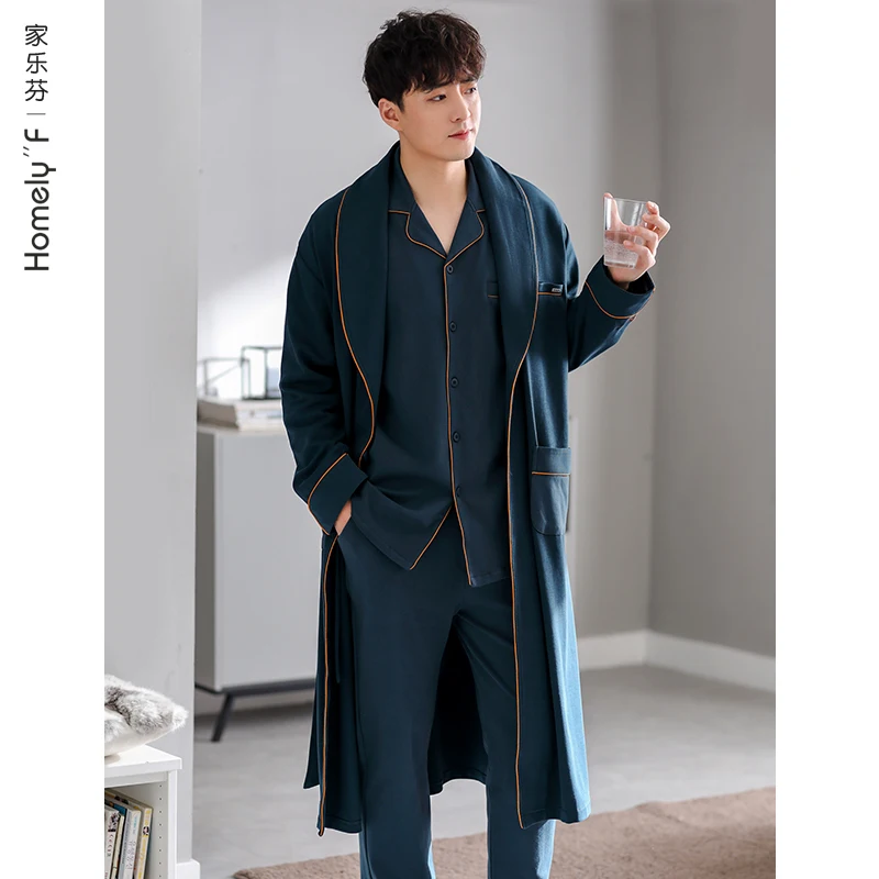 

Pajamas Men's Robes Spring and Autumn Pure Cotton Long-Sleeved Homewear Men's Cotton Bathrobe Thin Long Three-Piece Suit