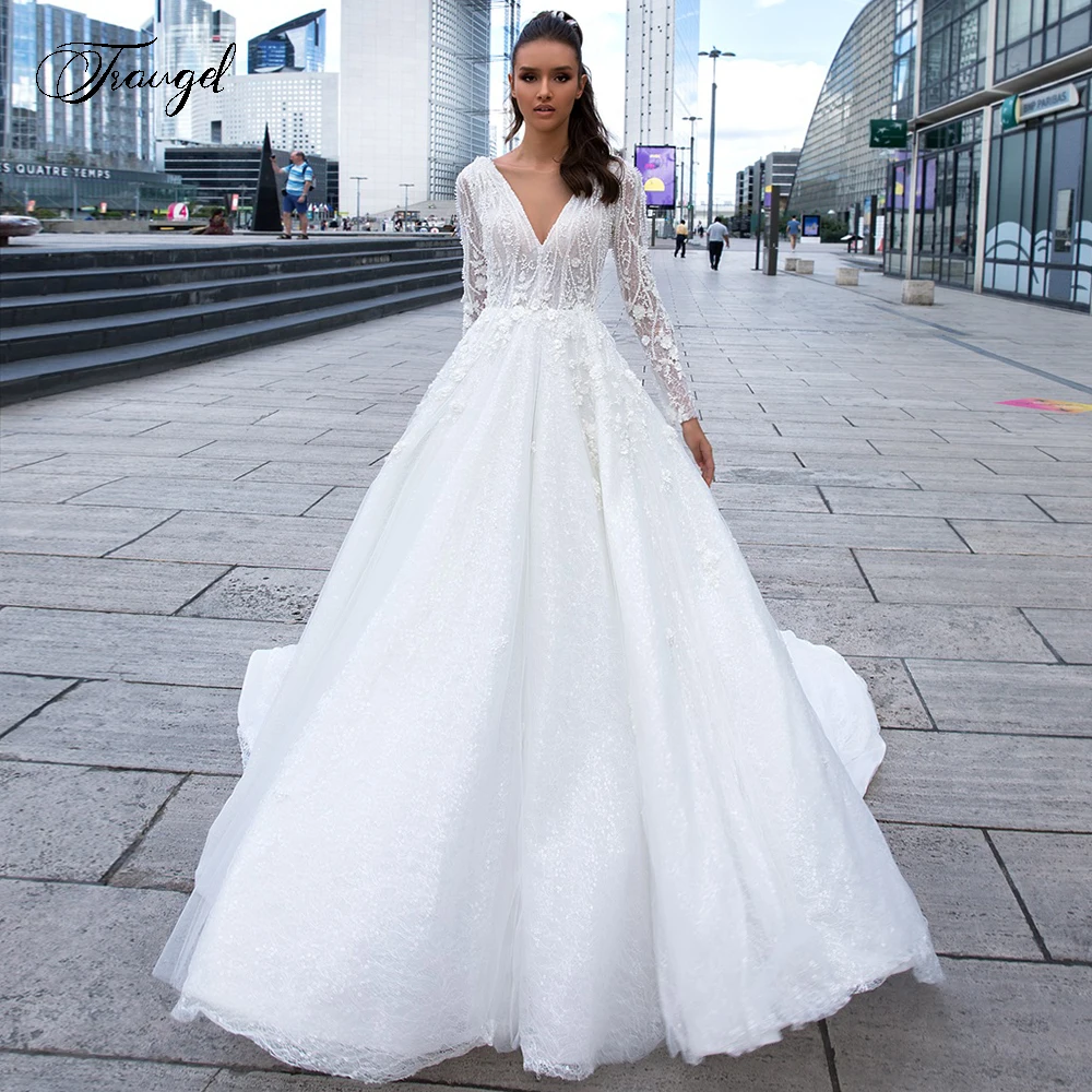 

Traugel Sexy V Neck Backless Long Sleeve Lace Wedding Dresses Demure Applique Beaded Cathedral Train A Line Bridal Gown