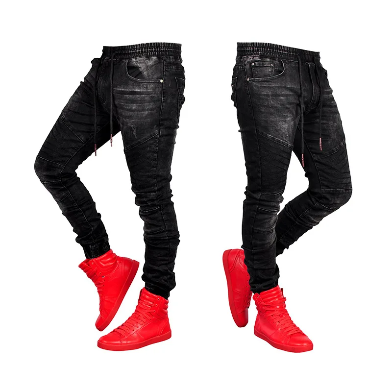 

Men's Jeans Fashion Patchwork Skinny Jeans Men Casual Solid Color Pockets Waistband Drawstring Ankle Tied Slim Fit Pencil Pants