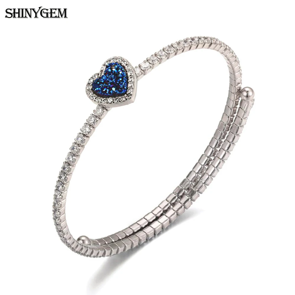 

ShinyGem Luxury 10mm Sparkling Love Heart Natural Druzy Stone Bracelet Adjustable 925 Sterling Silver Bangles For Women Girl