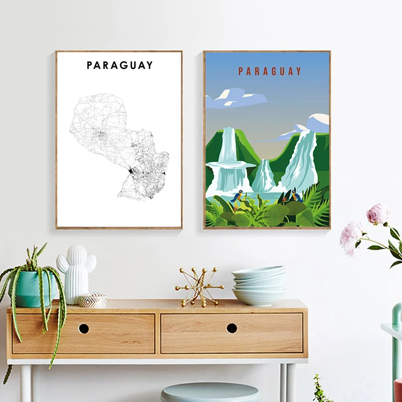 

Paraguay Map Print Country Road Map Poster, Paraguay Landscape Illustration Art Canvas Painting Wall Pictures Decor Travel Gift