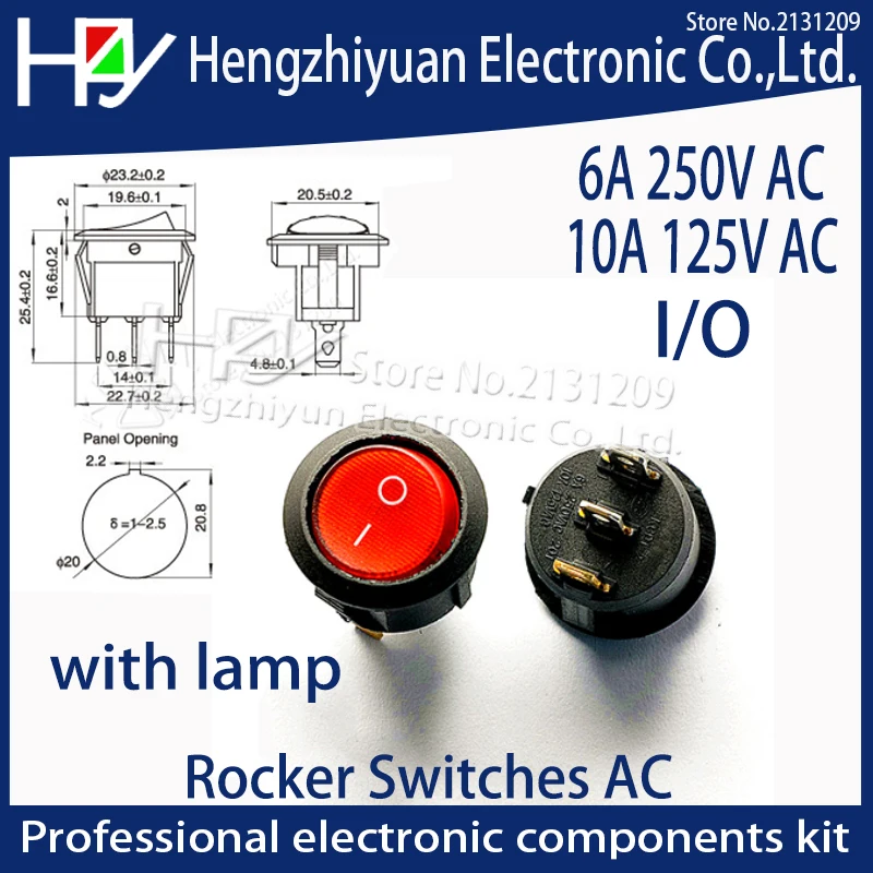 

KCD1 Red Light ON-OFF SPST Round Rocker Switch 6A 250V 10A 125V AC with lamp