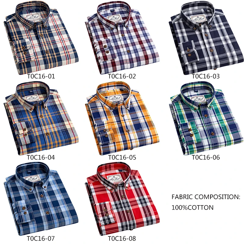 AOLIWEN brand men 100% cotton brushed Yellow White plaid shirt spring button casual trend vacation long sleeve slim fit shirts
