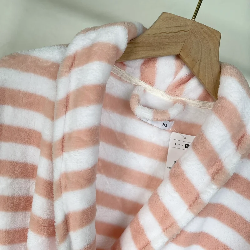Autumn and winter models Ladies coral fleece long-sleeved nightgown Loose casual warm striped nightdress
