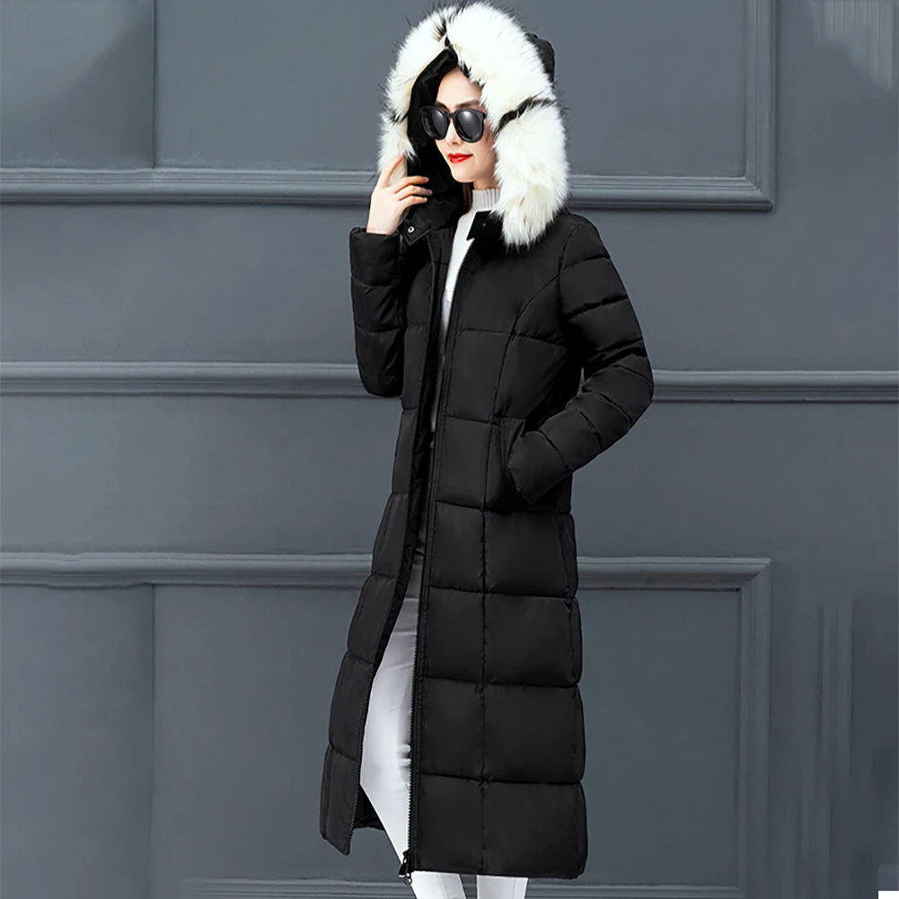 With Pockets Solid Long Sleeve Slim Fit Women Down Coat Zipper Warm Casual Windproof Thickening Daily Winter Faux Fur Hooded |