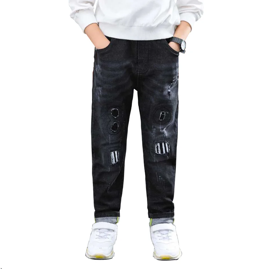 Весна 2020 детские джинсы модные рваные для мальчиков штаны в полоску лоскутные