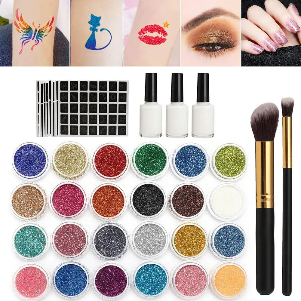 

Body Art Glitter Tattoo Kit 118 Pattern Stencils Powder Brush Glue Temporary Tattoos Tools Body Painting Glitter Powder Set
