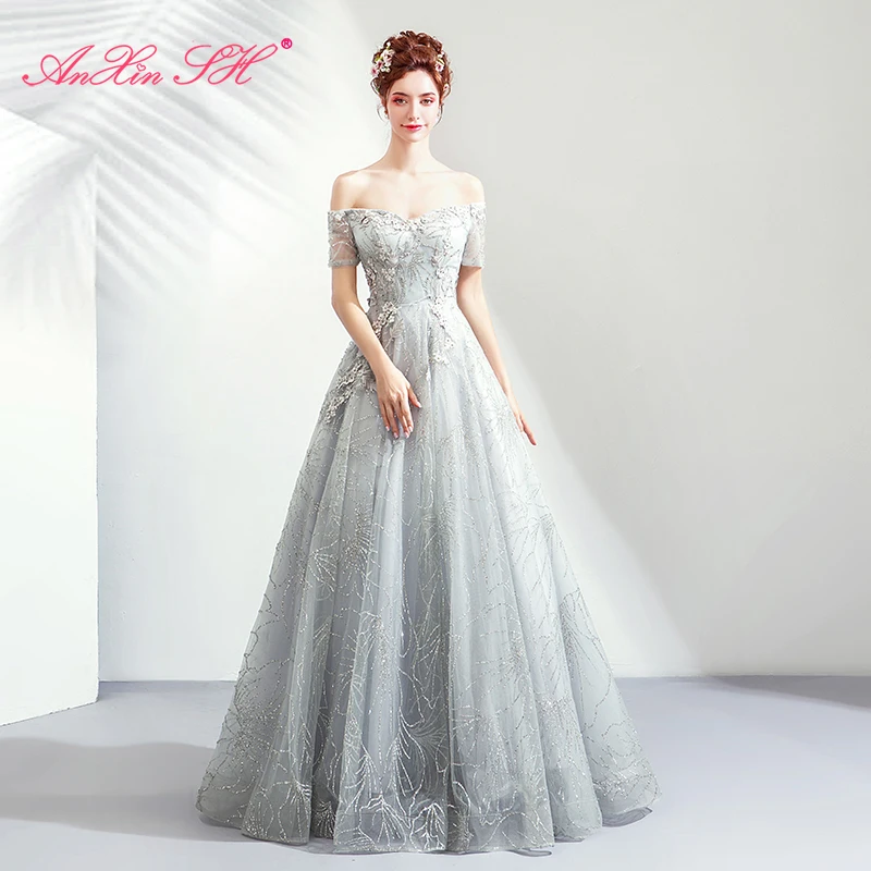 

Длинное вечернее платье принцессы AnXin SH, серое кружевное Роскошное винтажное платье с вырезом лодочкой, серое вечернее платье на шнуровке с бусинами и жемчужинами и цветами, 7160