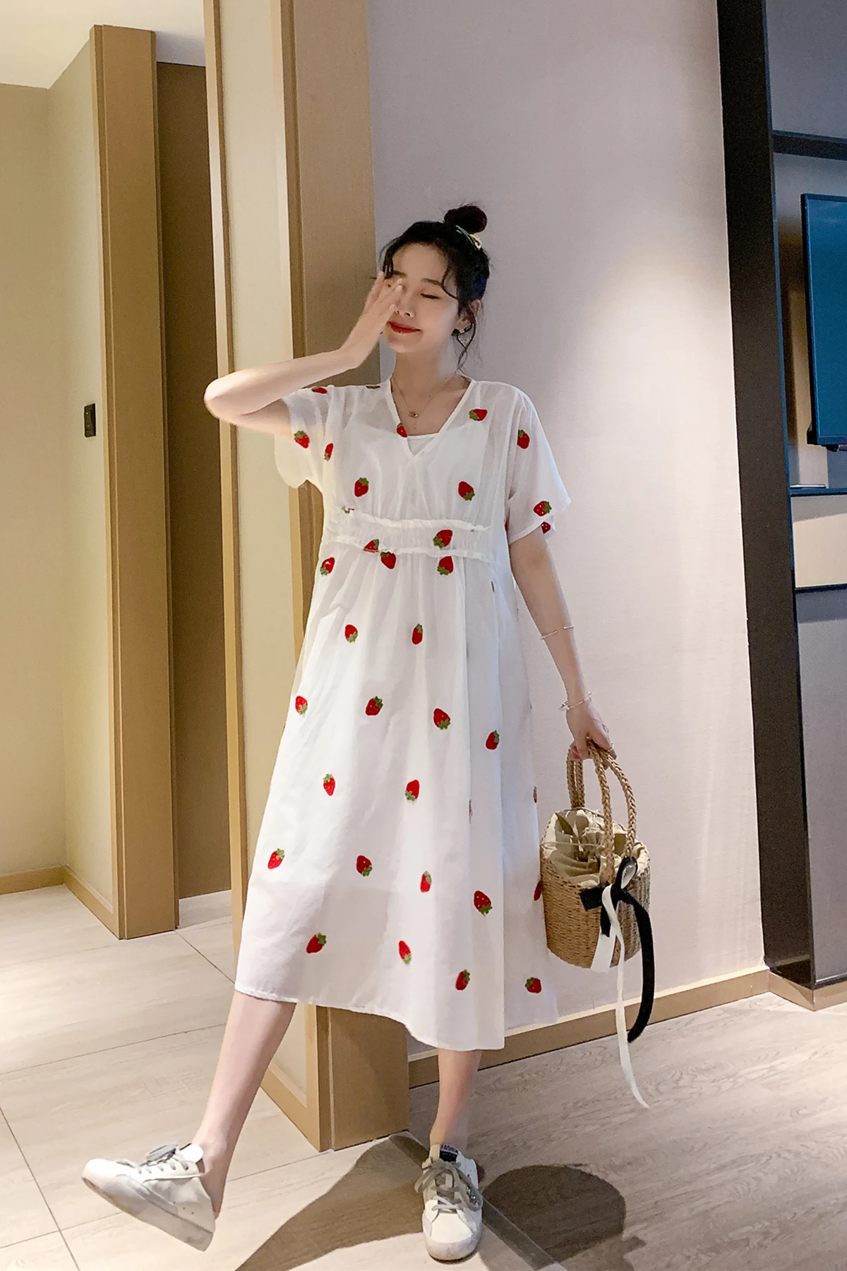 

8127# Summer Dot Printed White Cotton Maternity Long Dress V neck Casual Clothes for Pregnant Women Slim Loose Pregnancy