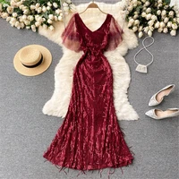 red fishtail evening dress women elegant sexy party maxi dresses summer short sleeve high waist vestidos female clothing 2021