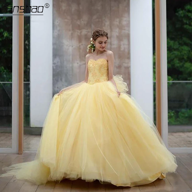 Женское платье для вечевечерние НКИ Fanshao желтое элегантное девушек с аппликацией