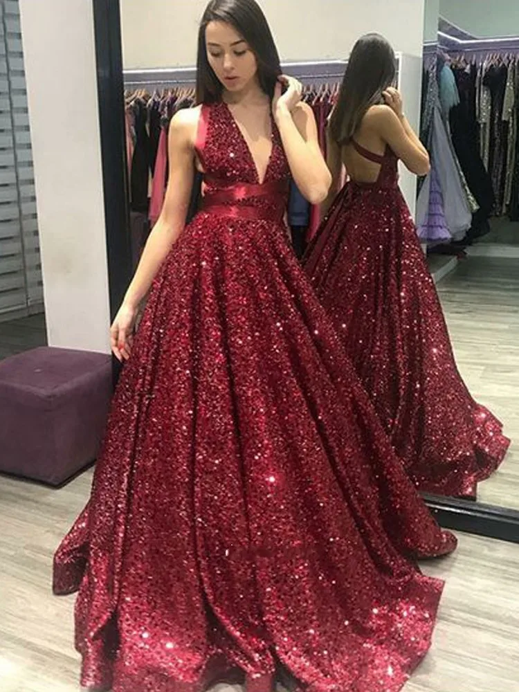 2019 Prom Dresses Emerald Green V-Neck Glitter Sequin Ball Gown Backless Party Maxys Long Evening Dress Robe De Soiree | Свадьбы и