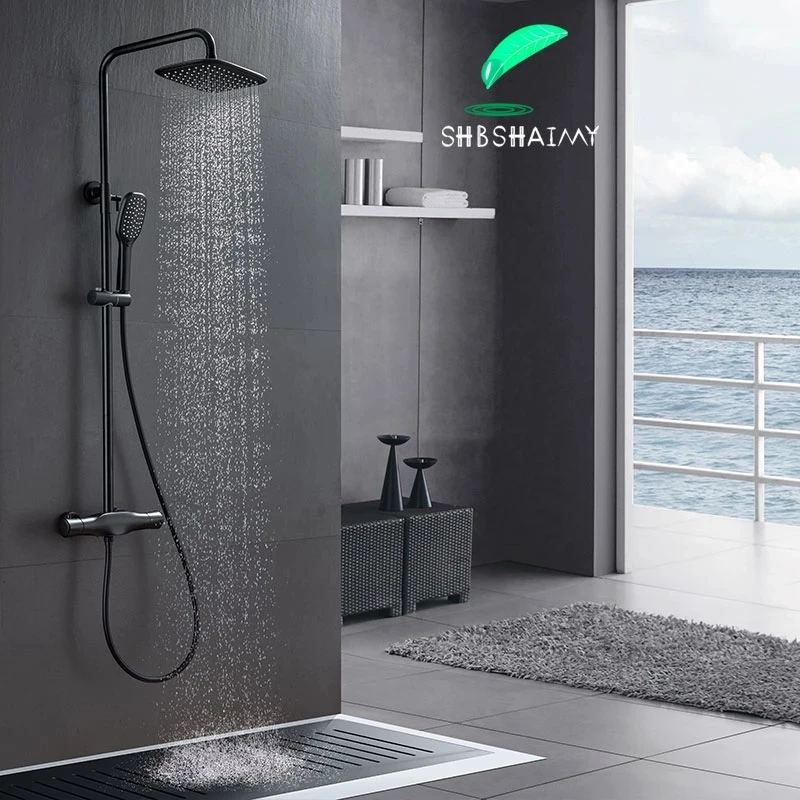 

miscelatore termostatico per bagno nero rubinetto per doccia Set doccia a pioggia a parete sistema doccia per vasca acqua calda