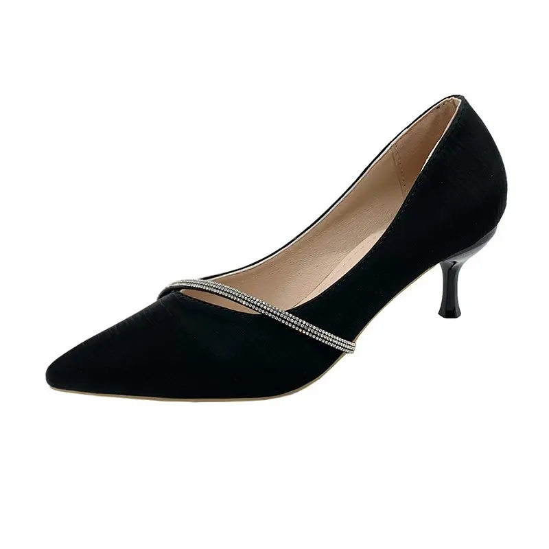 

2021 Soft Leather High Heels Women's Stiletto Heel Autumn New Women's Rhinestone Pointed Toe Single Shoes Black Women's Shoes