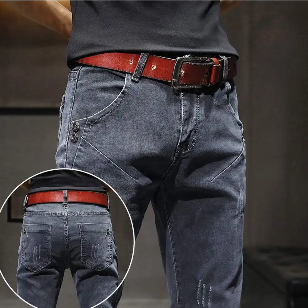 Retro Elastic Distressed Wash Men Jeans Slim Denim Skinny Pants Blue Black Grey Yong Jogger Hombre Pantalon Homme Brand Trousers