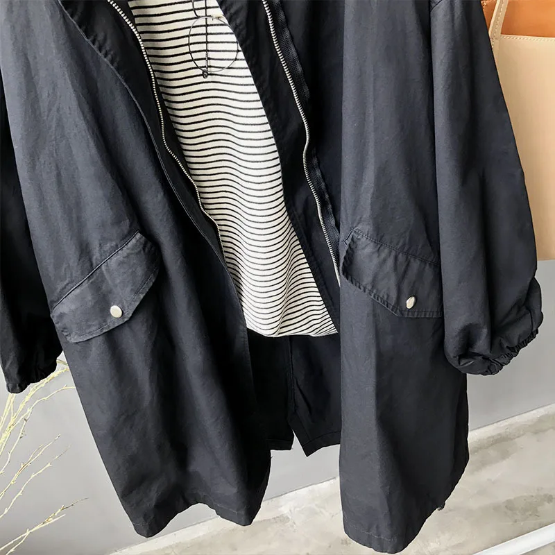 

Spring Autumn 2020 new middle long windbreaker women BF wind drawstring washed cotton outwear large size coat 99285