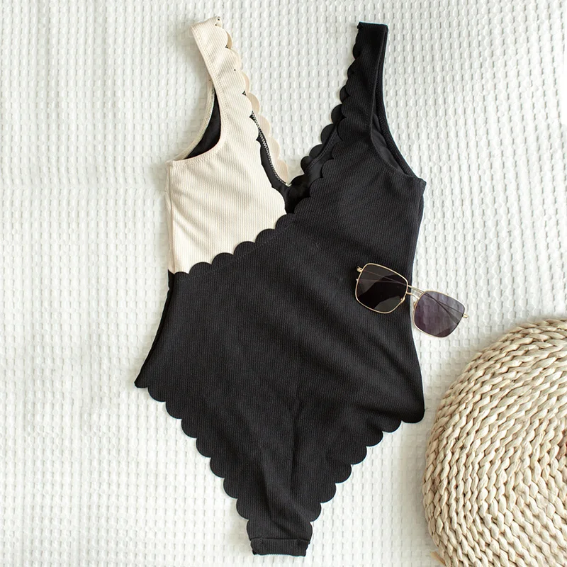 INGAGA Scallop One Piece Swimsuit Sexy Patchwork Swimwear Women Ribbed Bathing Suit 2022 U-back Bodysuit Summer Beachwear | Спорт и