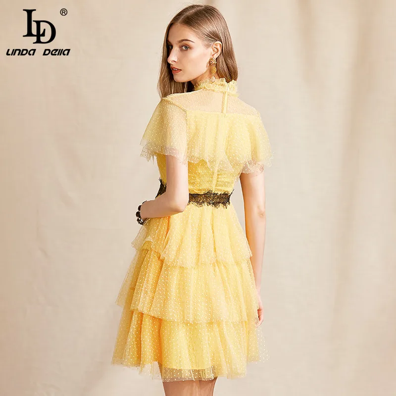 

LD LINDA DELLA Summer Fashion Runway Dress Women Stand collar Lace Ruffles Dot Print Boho Vacation Beach Female Mini Cake Dress