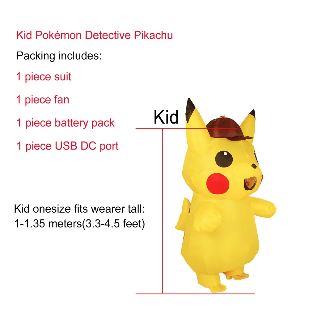 Kid Pokmon Detectiv Надувной Костюм Пикачу для женщин, мужчин, мальчиков, девочек, детей, взрослых, Покемон, Хэллоуин, вечерние, карнавальные, косплей, надувной наряд Пурим, платье - Цвет: Kid Pokmon Detectiv