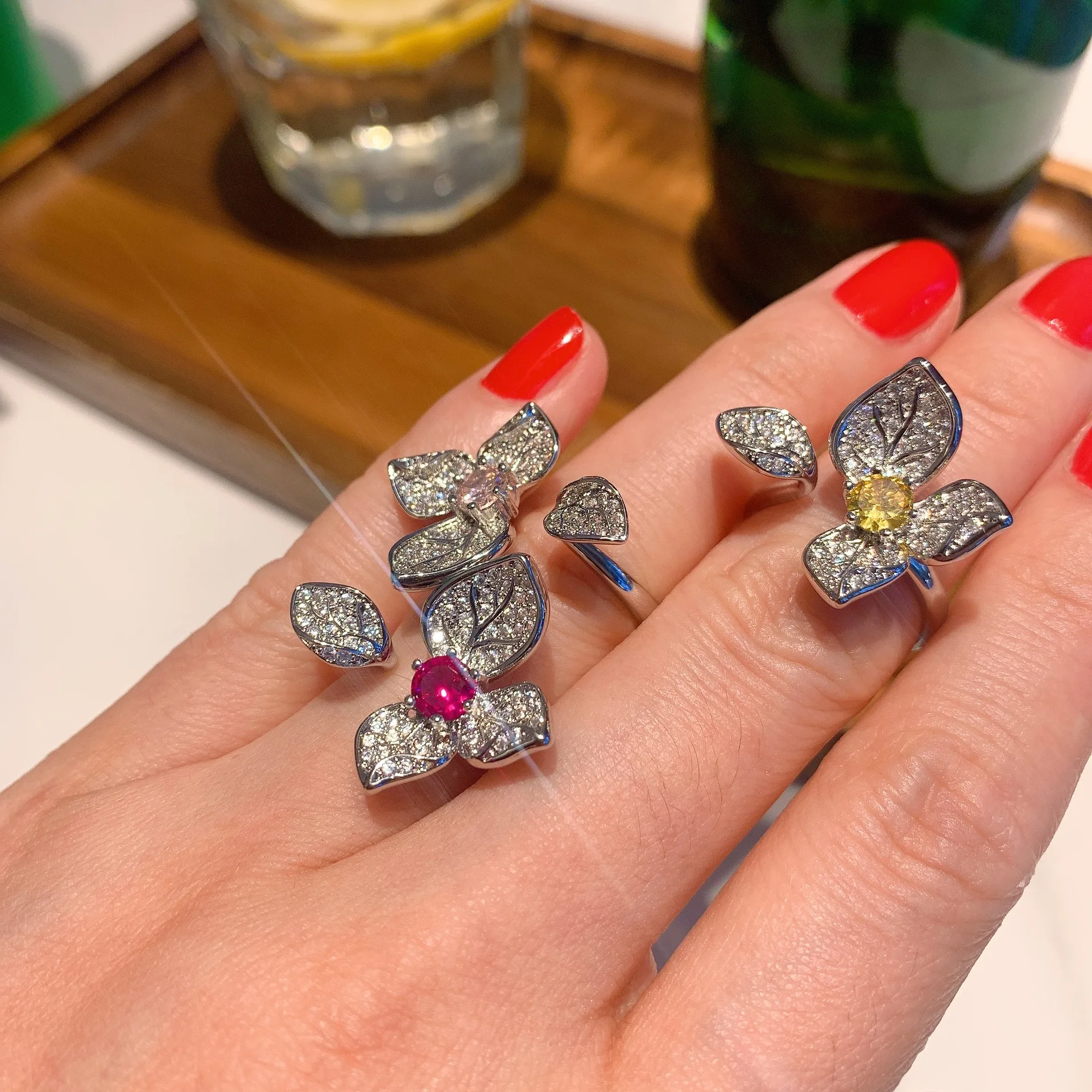 

QTT High Quality Style Flower Shaped Red Pink Yellow Gemstone Fashion Jewelry 925 Sterling Silver Women Finger Rings