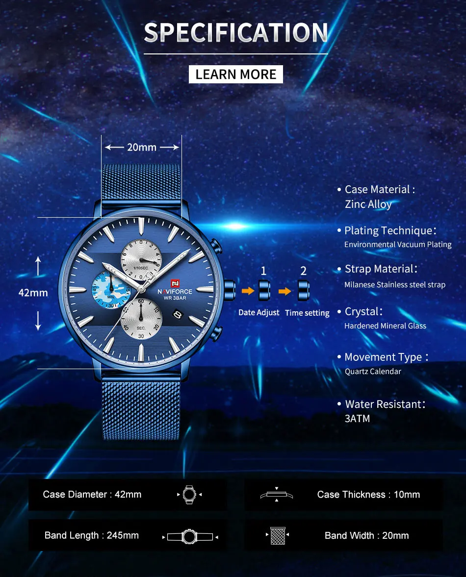 NAVIFORCE Лидирующий бренд Роскошные мужские часы ультра тонкий хронограф дат наручные часы мужские сетчатый ремешок кварцевые часы в стиле кэжуал reloj hombre