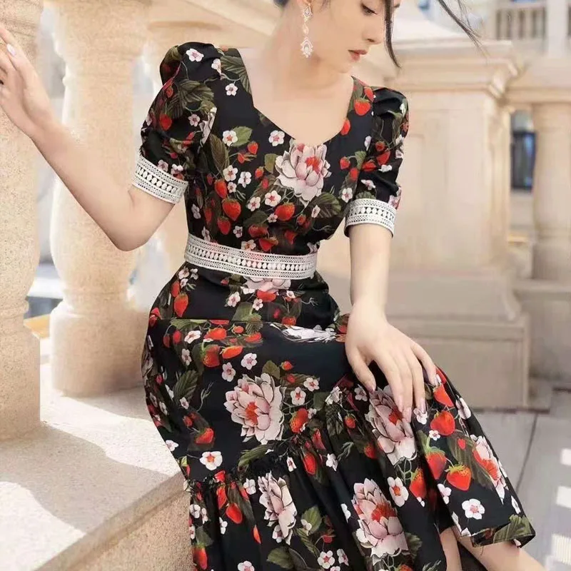 

Женское платье с цветочным принтом, черное ажурное платье средней длины, с V-образным вырезом и коротким рукавом, лето 2021