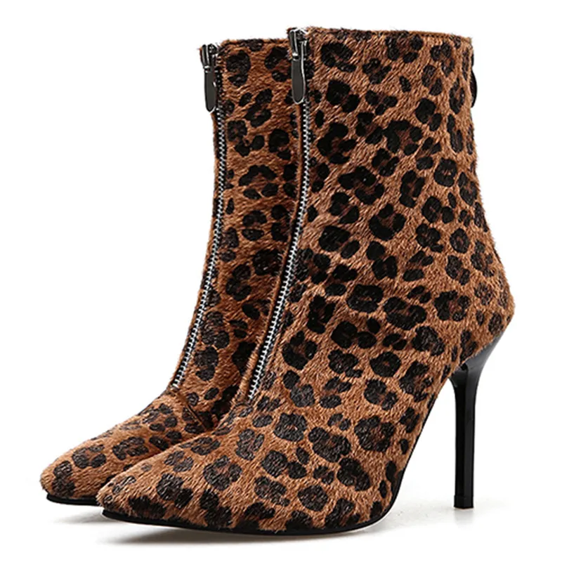 Leopard BYQDY/осенне-зимние ботинки; Модные леопардовые ботильоны на высоком каблуке; пикантные туфли-лодочки с острым носком; женские ботинки на молнии с животным принтом - Цвет: Leopard