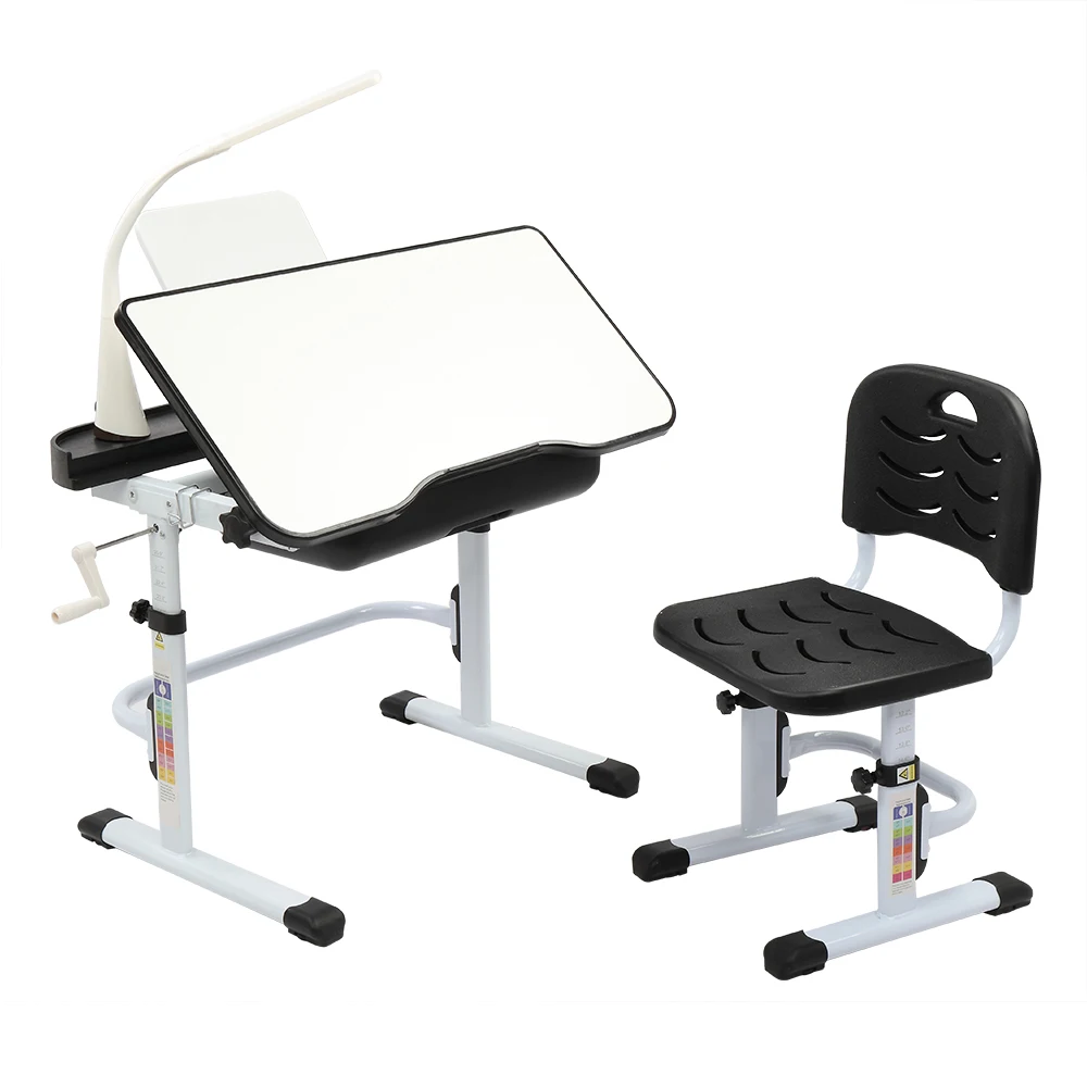 

80CM Kid Study Desk Tiltable Liftable Children Learning Table&Chair Black with Reading Stand USB Interface Desk Lamp[US-Stock]