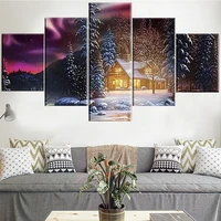5 pieces wall art canvas painting winter night cabin landscape poster home decoration frame pictures modern for living room