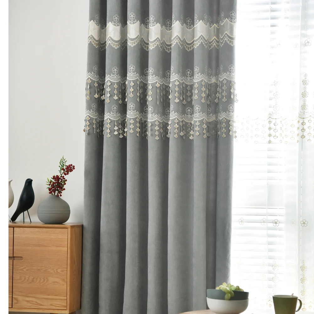 Американский рельефный роскошный вышитая вуаль Шторы серый сплошные оконные