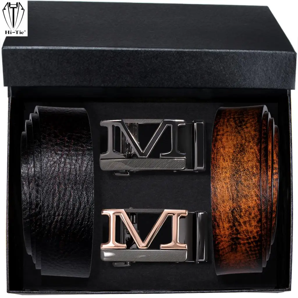 

Hi-Tie Mens Belts Set Black Gold Letter M Automatic Buckles Waist Belt With Box Tan Brown Leather Waistband for Men Dress Jeans
