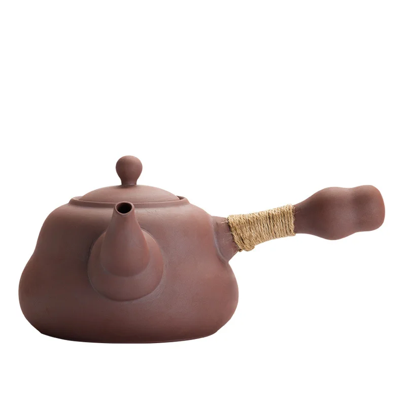 

Japanese large ceramic single side handle rough pottery kettle black tea flat bottom pot kung fu tea ceremony set teapot