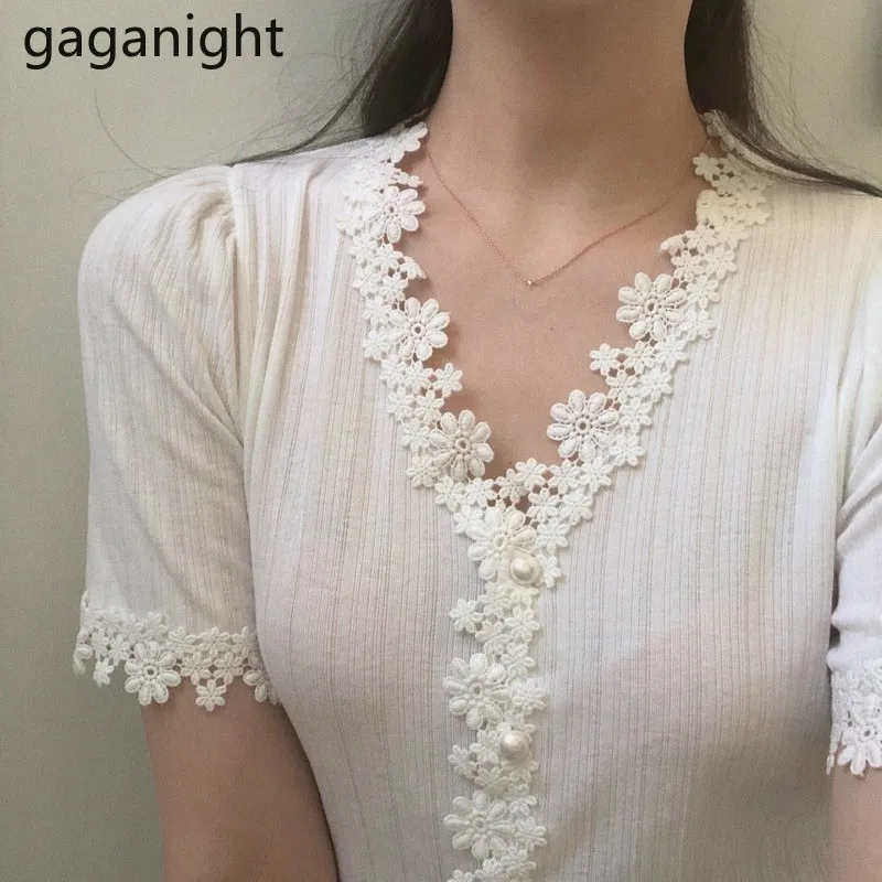 Gaganight Fashion Women Lace Knitted T Shirt Short Sleeve Cardigan Stretchy Office Lady White Black Tshirt Slim Korean Tshirts | Женская