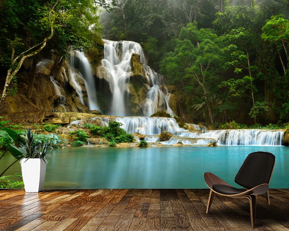 

Papel de parede waterfall lake in the forest natural landscape 3d wallpaper mural,living room tv bedroom wall papers home decor