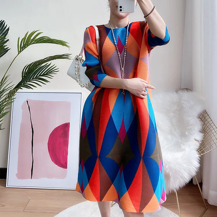 

Fashion Pleated Print Midi Dress 2021 Spring Summer New Plus Size Loose Rushed Mom Dress Temperament Slimming 3/4 Sleeve Vestido