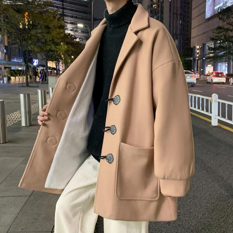 

Winter Woolen Thick Woolen Coat Men Warm Fashion Mid-length Woolen Coat Men Korean Loose Oversized Woolen Coat Mens Overcoat