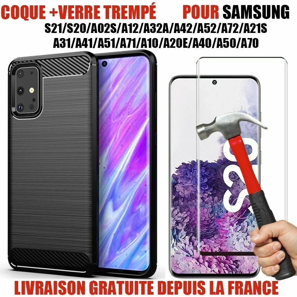 

Coque For Samsung S20 S21 A02s A21s A31 A32 A41 A50 A51 70 A71 Carbone+ Verre Tremp