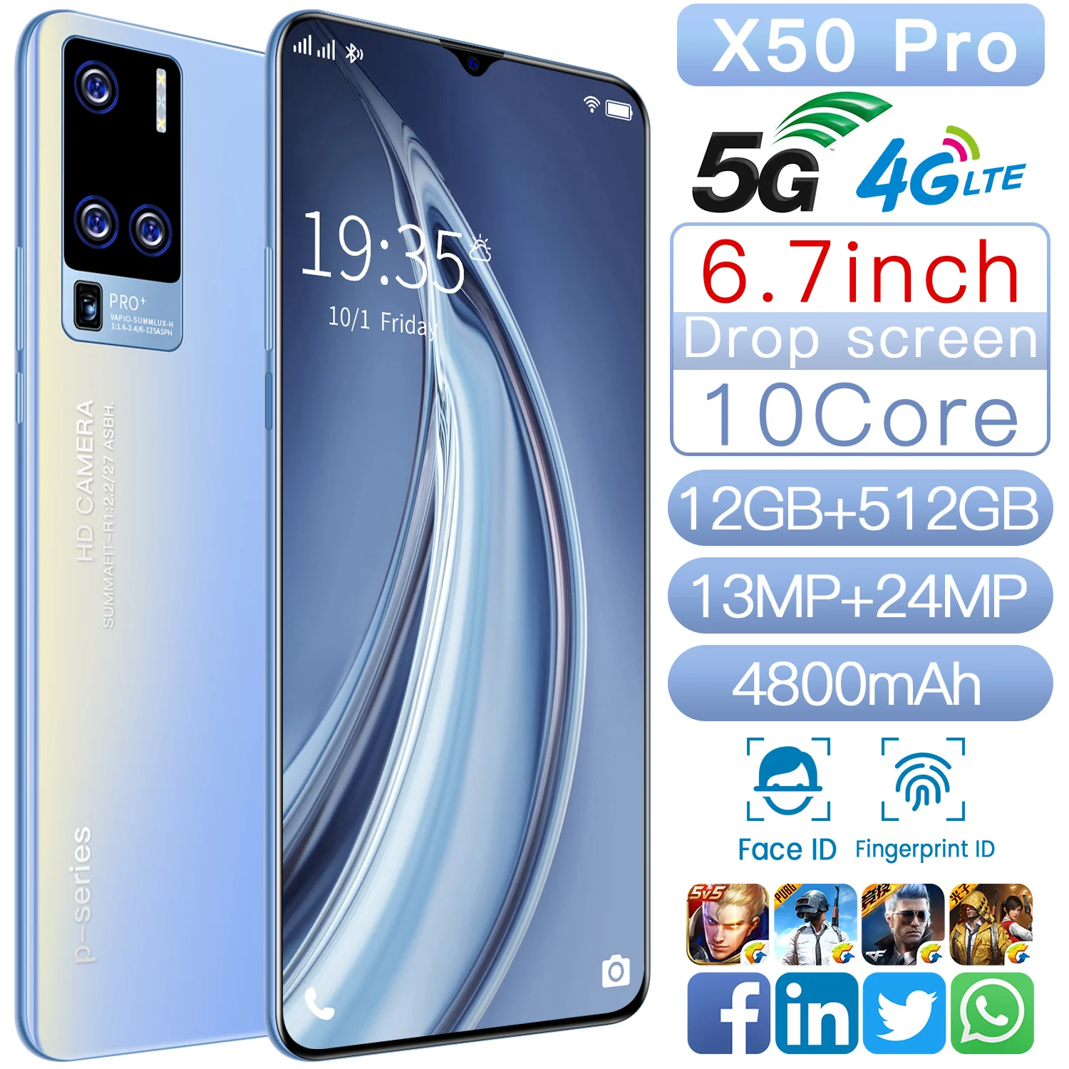 

2021 New Arrival X50 Pro 6.7 Inch 13+24MP 10 Core Cell Phones 256/512GB 4800mAh Face Fingerprint Unlock Smartphones MTK6792 Pink