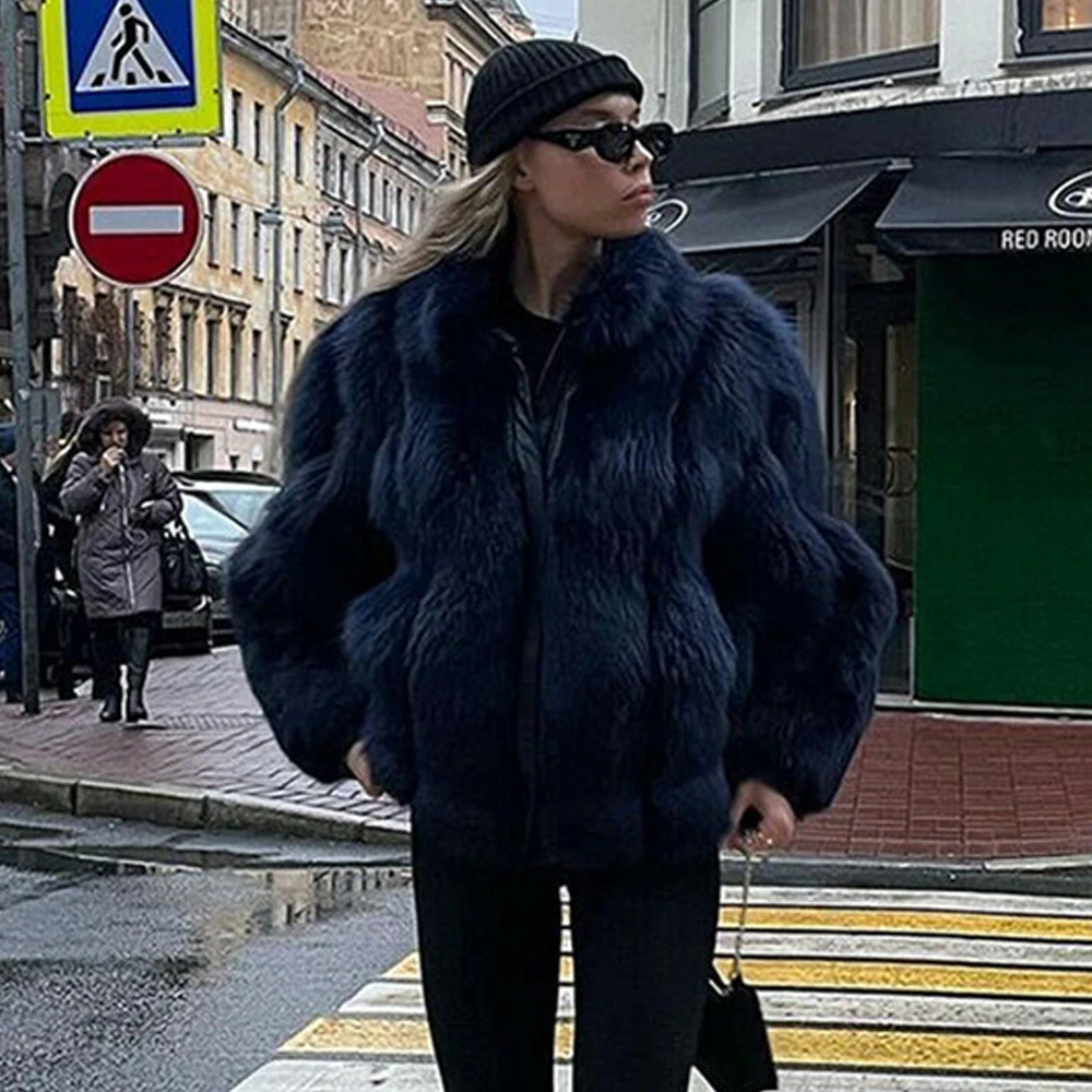 

Navy Blue Color Genuine Fox Fur Jacket Stand Collar New Fashion Women Natural Fox Fur Coats Female Winter Luxury Fur Overcoats
