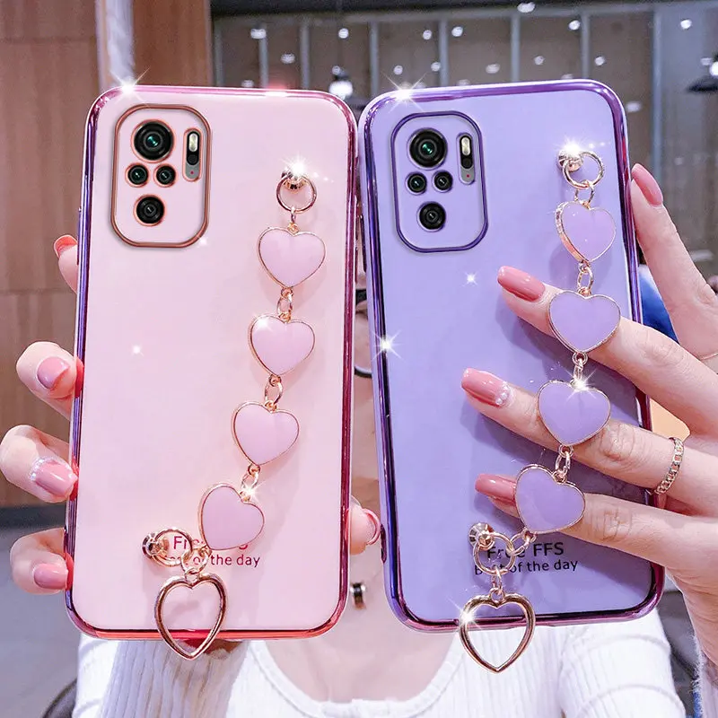 for redmi note10s case luxury love heart wrist chain phone case for redmi note 10 10pro 9a 9c 9s 9 9t 8t 8pro 8a 7 poco m3 case free global shipping