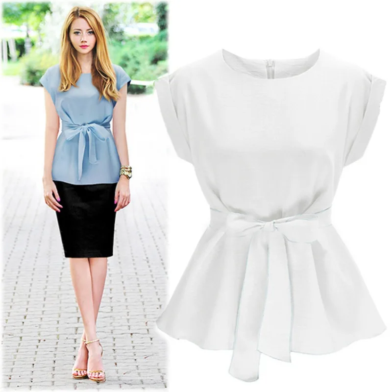 

Fashion Women Bowknot Blouses O-neck Short Sleeve Shirts Casual Vintage Tops blusas blouse Rk