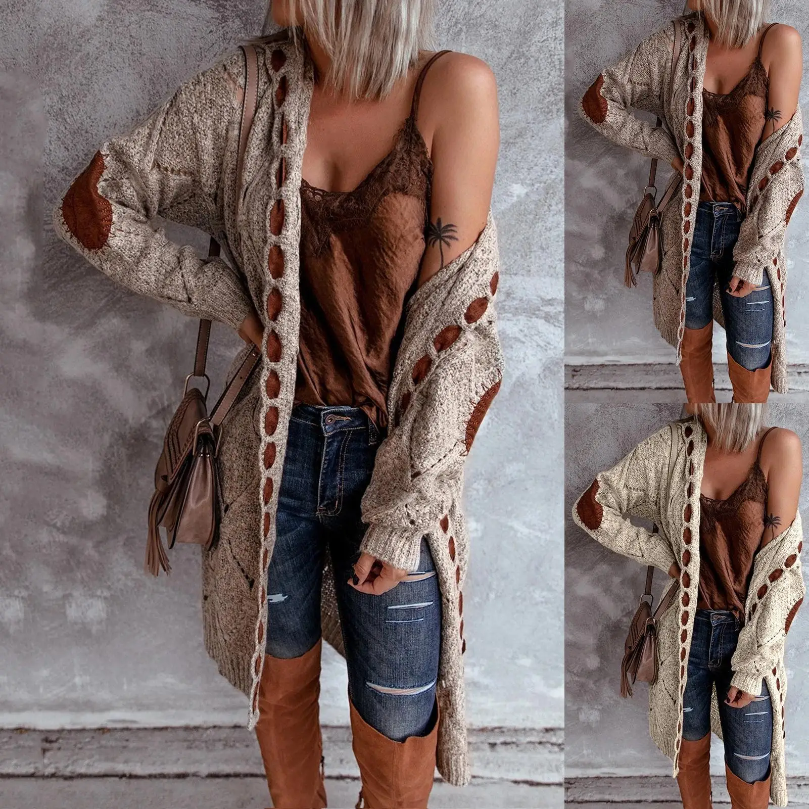 

Fashion Women's Spring Autumn Sweaters Winter Long Sleeve Open Front Cardigan Patchwork Knee-length Hooded Coat Knit Sweater