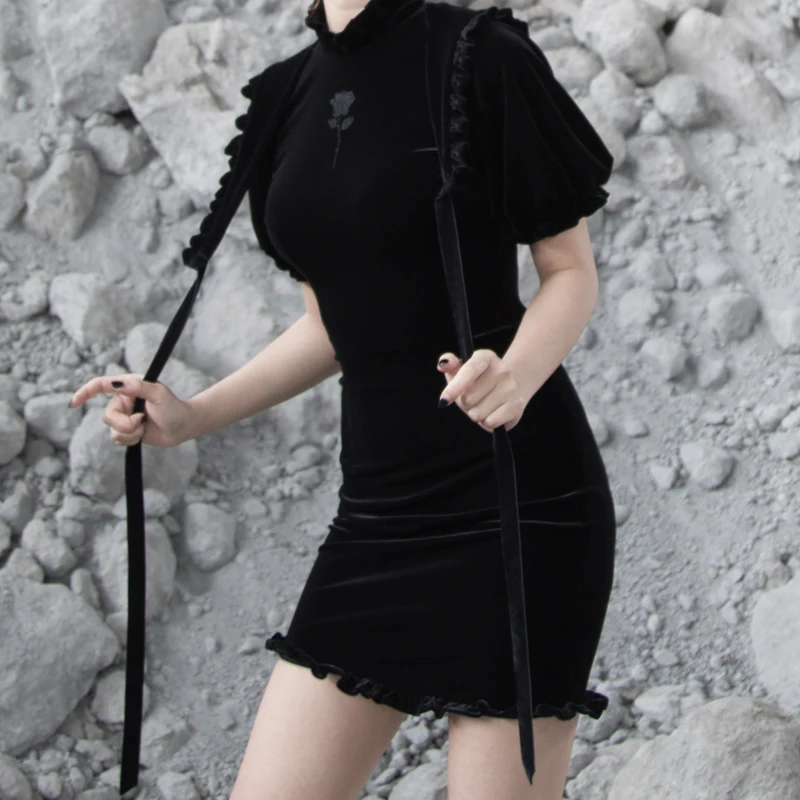 Женское бархатное платье-Ципао Ruibbit черное приталенное платье в винтажном