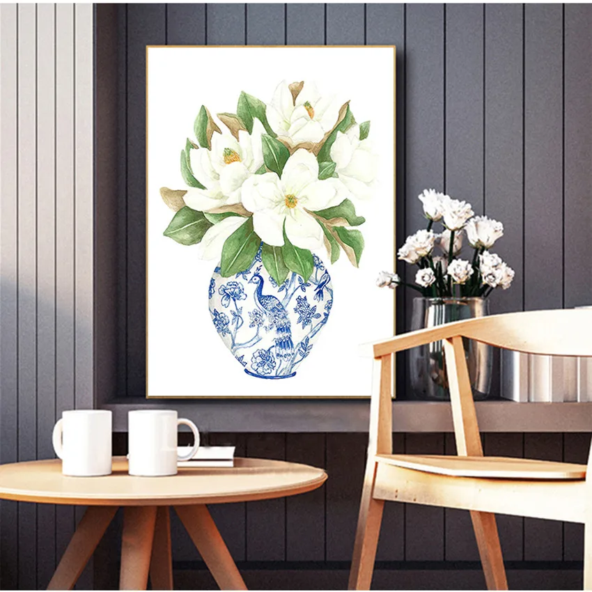 Модный настенный плакат с цветами сине-белый Китай магнолия Гортензия холст