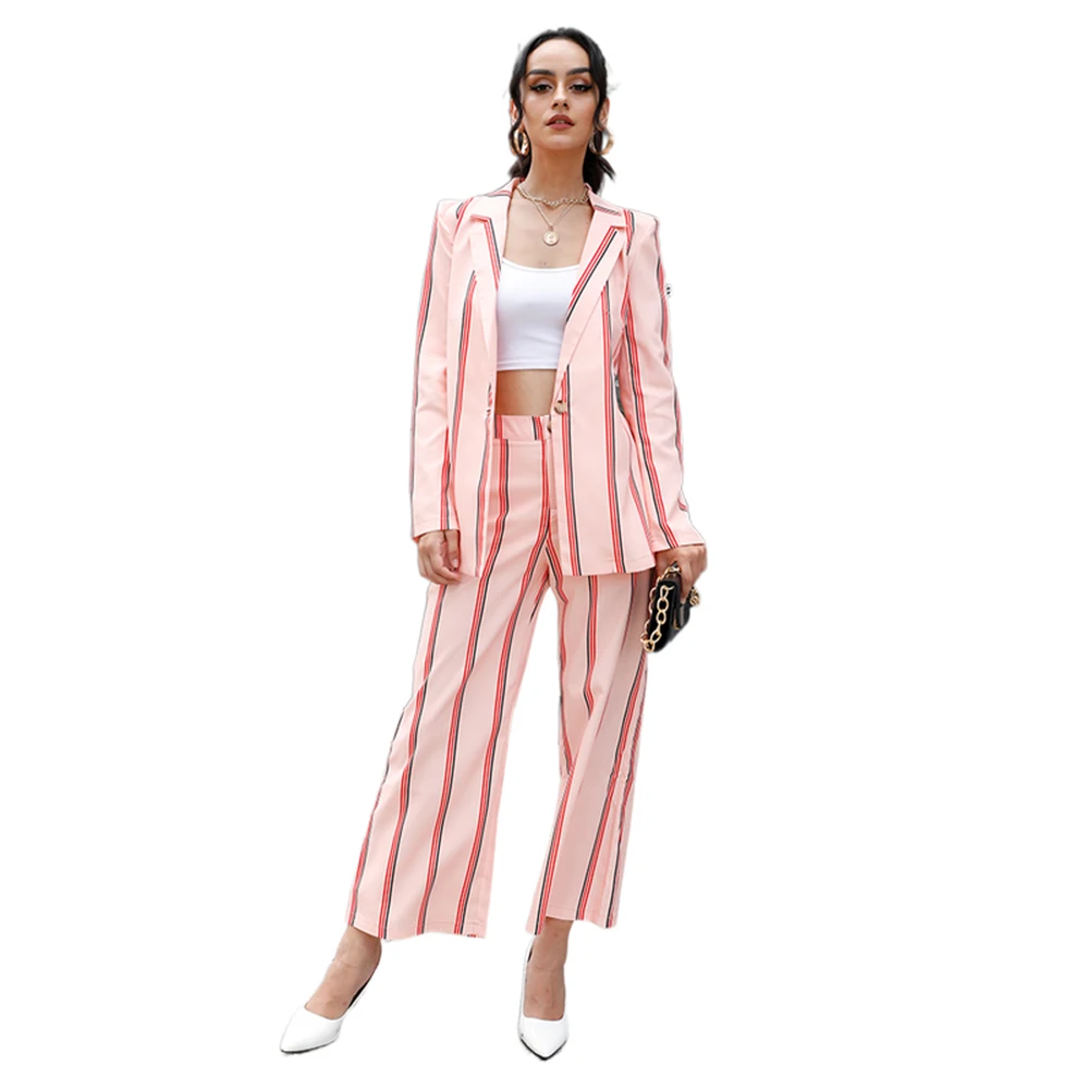 

Элегантный женский костюм из двух предметов в полоску, уличный Женский комплект из блейзера, шикарное офисное Женское пальто, женский костю...