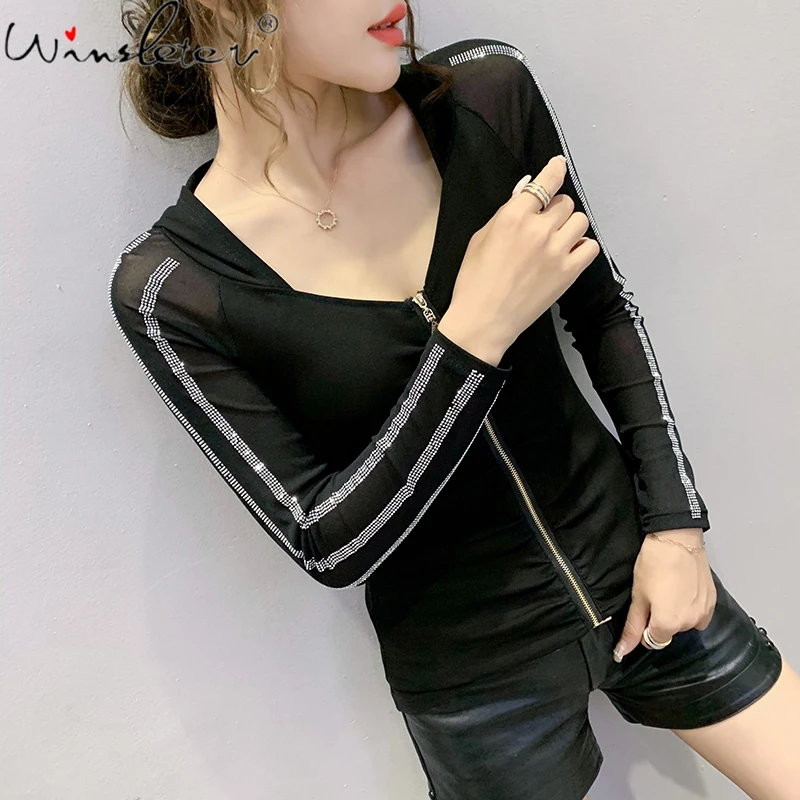 

FAKUNTN Korean Style Tshirt Chic Sexy Zipper Hooded Mesh Long Sleeve Dimonds Cotton Tops Camiseta Mujer Tees New T00509A35