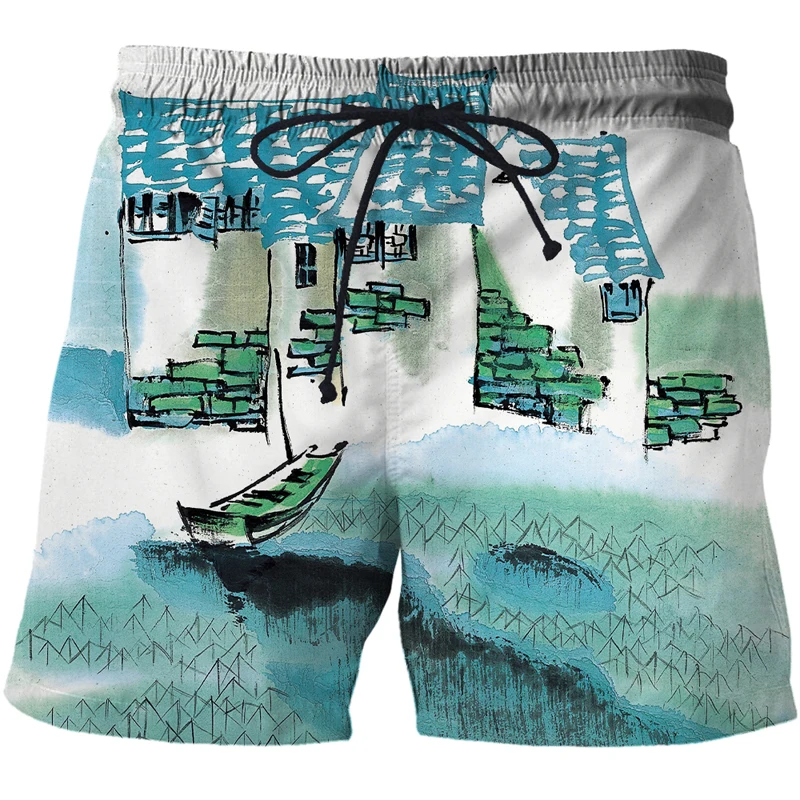 New Summer 2021 Men's Chinese brush painting 3D Print Shorts Man Outdoor Fitness Casual Pants Male Vacation Surfing Beach Pants