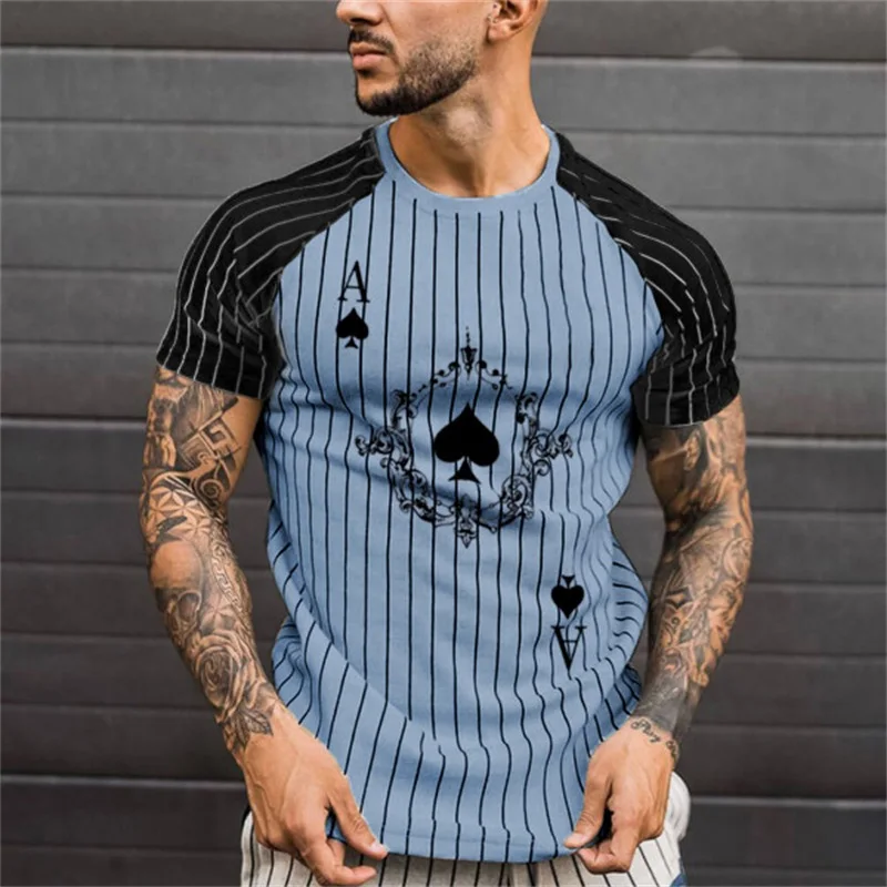 

New Men Clothing T-Shirt 2021 Summer Men's Shirt Striped Round Neck Fashion Poker Print Short Sleeve Polyester Top Street Wear